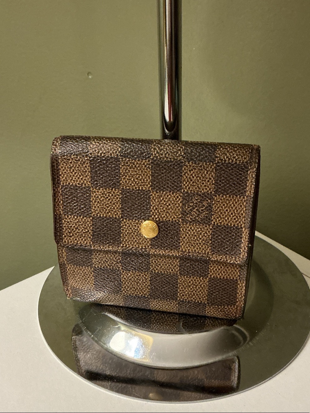 Louis Vuitton Authentic Ebene Brown Tan Damier Compact Wallet with Snap with COA